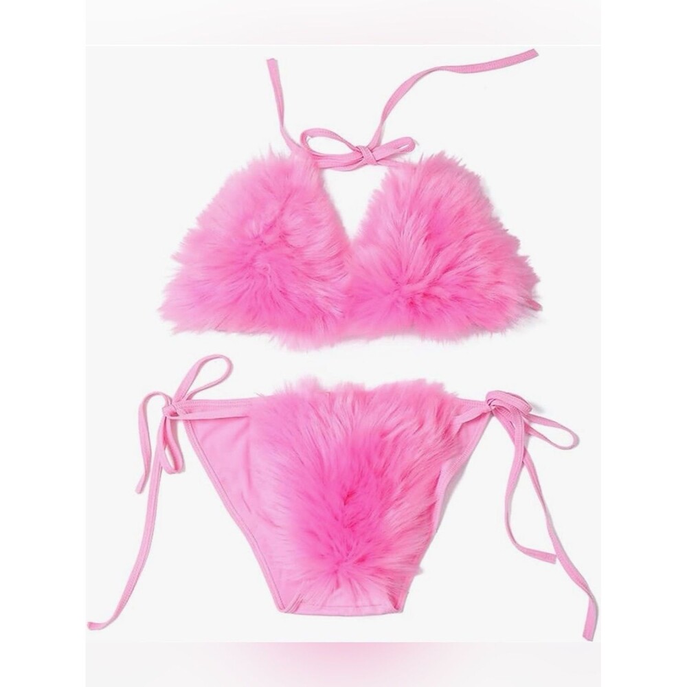 Zoscgjmy Faux Fur Halter String Triangle Bikini Sets Two Piece Swimsuit OS